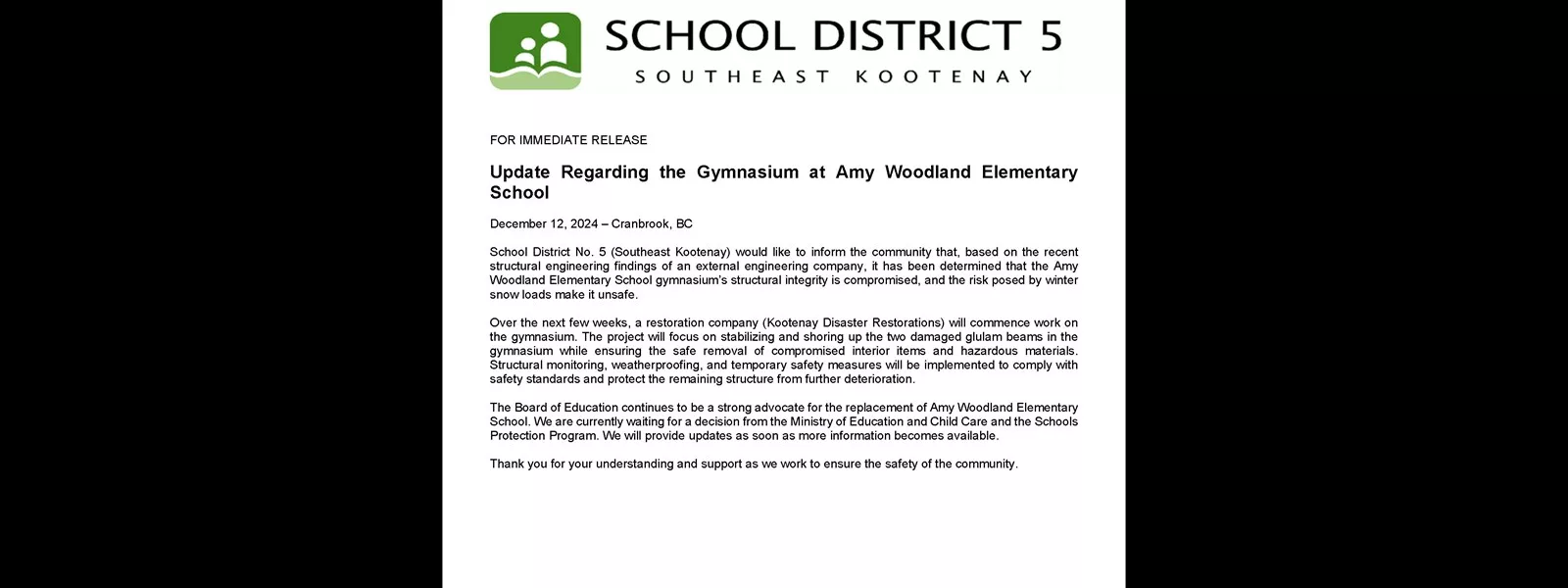 Update Regarding the Gymnasium at Amy Woodland Elementary School