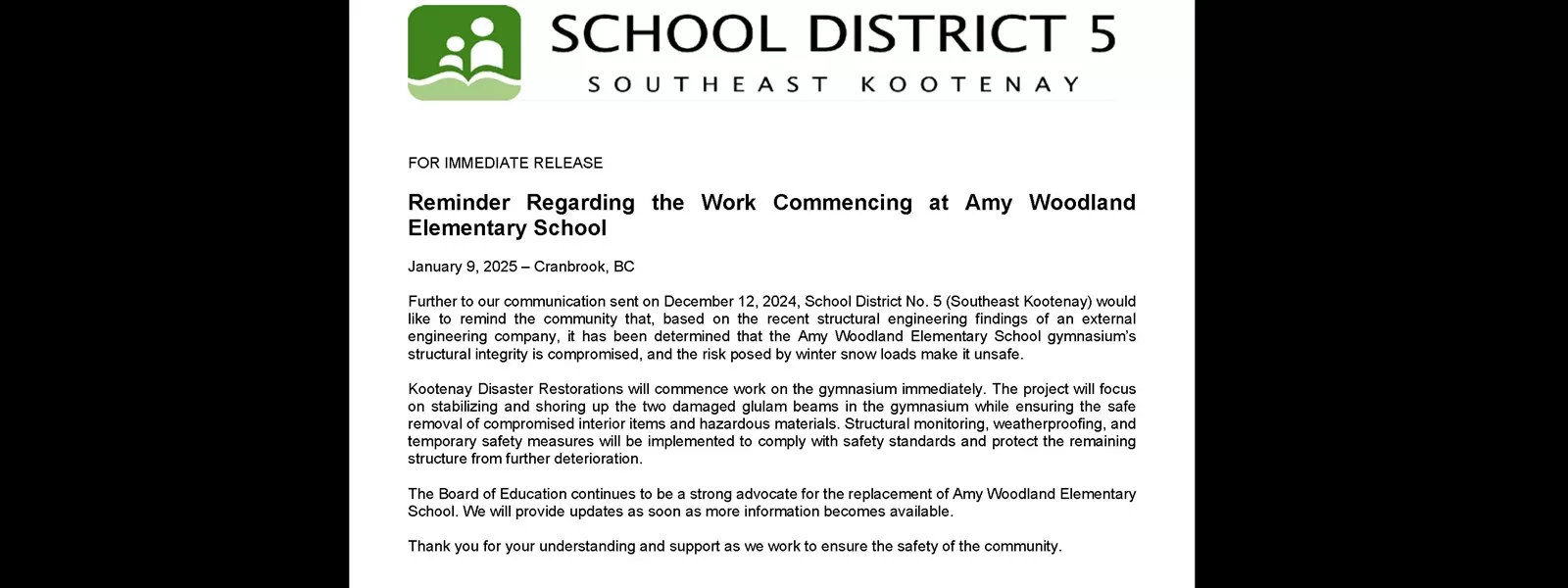 Reminder Regarding Work Commencing At Amy Woodland Elementary